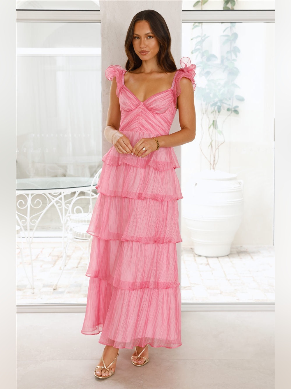 Hello Molly Pink Tiered Ruffle Maxi Dress
